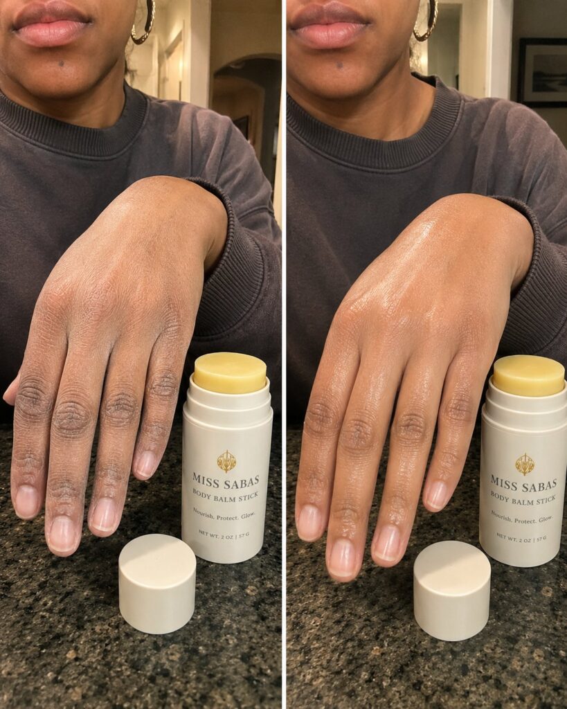 Body Balm Stick before and after, in real life