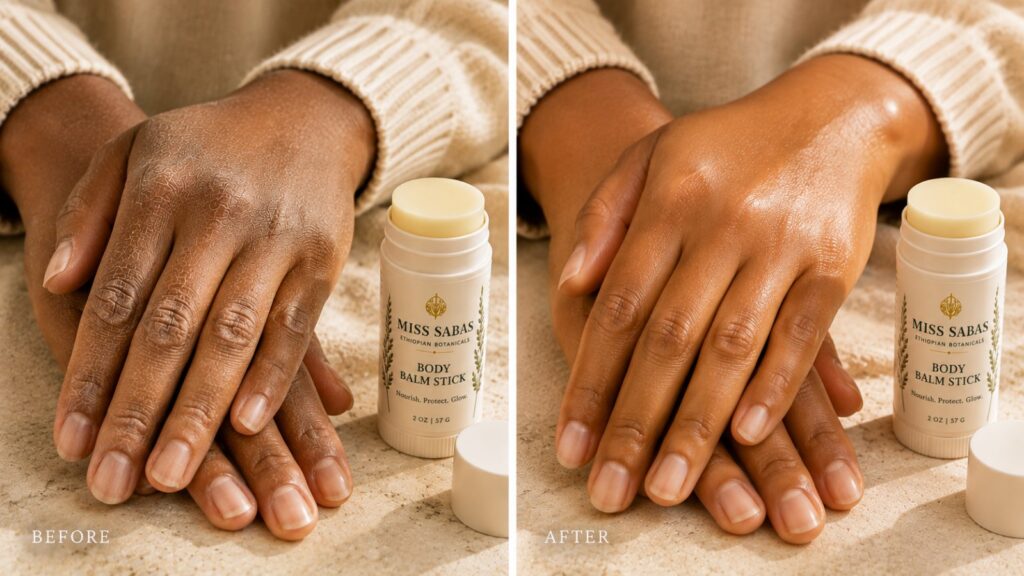 Body Balm Stick before and after, hand